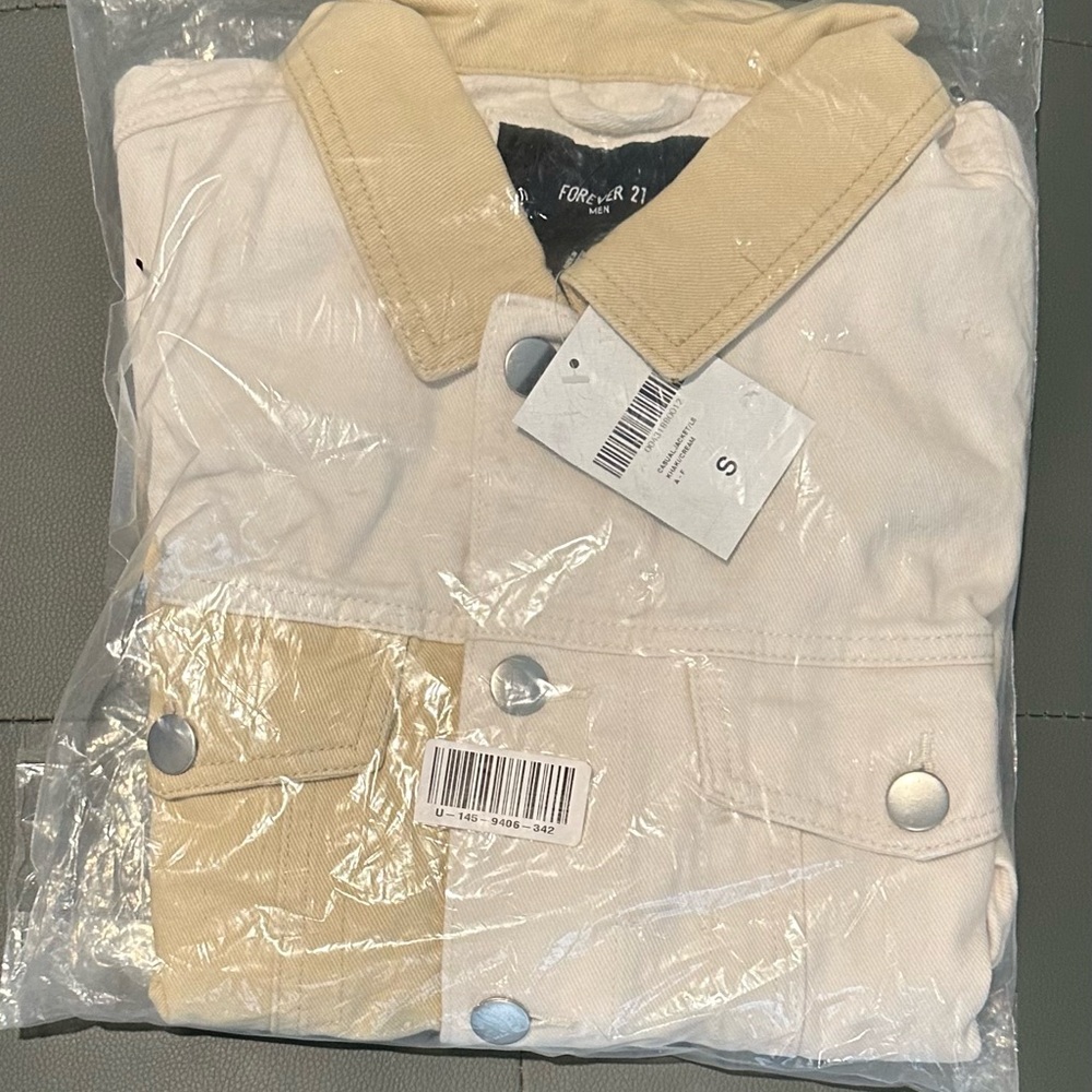 Forever 21 Two Tone Khaki and Cream Color Block Denim Jacket